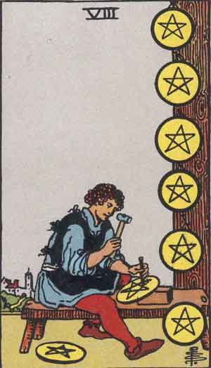 Eight of Pentacles combined with Ace of Wands