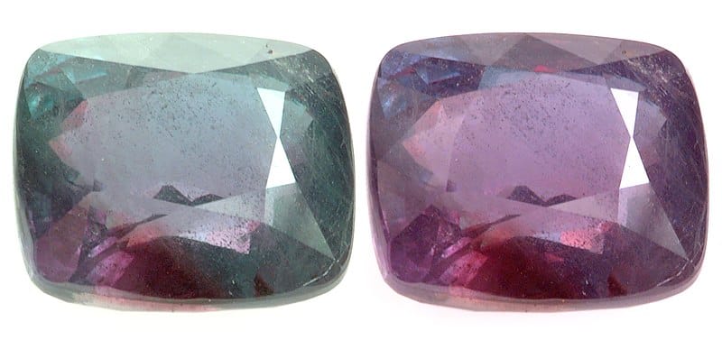 A piece of alexandrite, blue-green in daylight and reddish purple under incandescent light