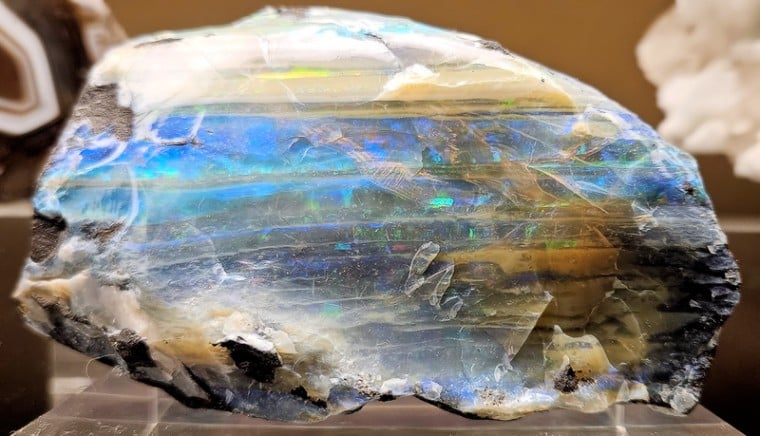 Sample of Opal collected from Queensland, Australia. On display at the Natural History Museum of Los Angeles County, Los Angeles, California, USA.
